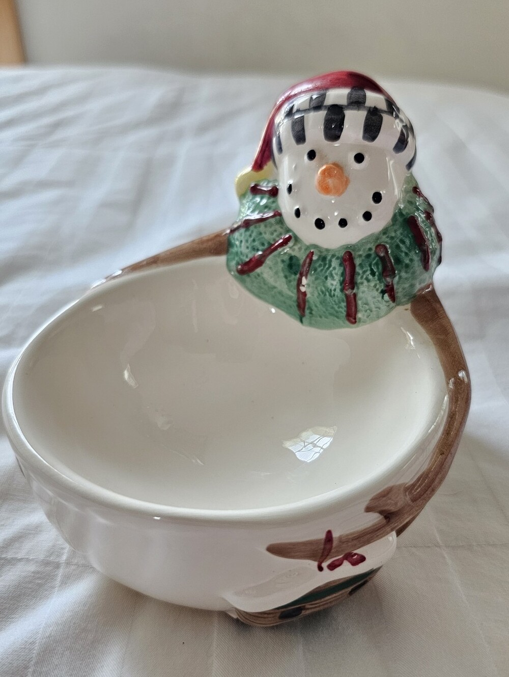 Vintage Debbie Mumm Christmas Snowman Glazed Dip Bowl Ceramic Dish